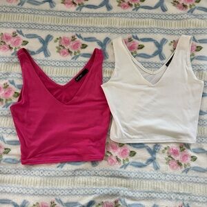 Women's Pink and White V-Neck Crop Tops